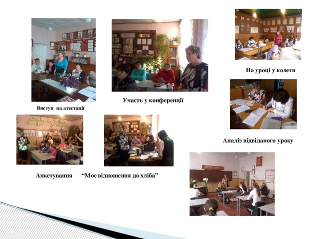 На уроці у колеги Участь у конференції   Виступ на атестації Аналіз відвіданого уроку   Анкетування “Моє відношення до хліба” 