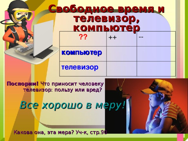 Свободное время и телевизор,  компьютер ?? ++ компьютер -- телевизор   Поспорим! Что приносит человеку  телевизор: пользу или вред?   Все хорошо в меру!    Какова она, эта мера? Уч-к, стр.90 