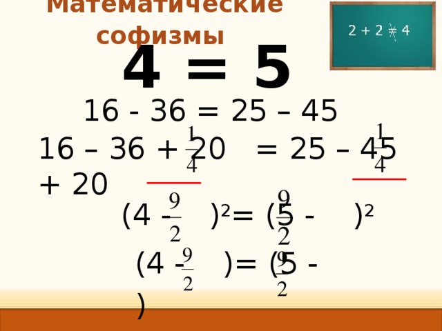 Математические софизмы  4 = 5 16 - 36 = 25 – 45 16 – 36 + 20 = 25 – 45 + 20 (4 - ) 2 = (5 - ) 2  (4 - )= (5 - )  