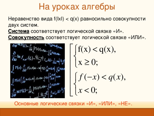 На уроках алгебры   Неравенство вида f ( IxI ) Система соответствует логической связке «И». Совокупность соответствует логической связке «ИЛИ». Основные логические связки «И», «ИЛИ», «НЕ». 