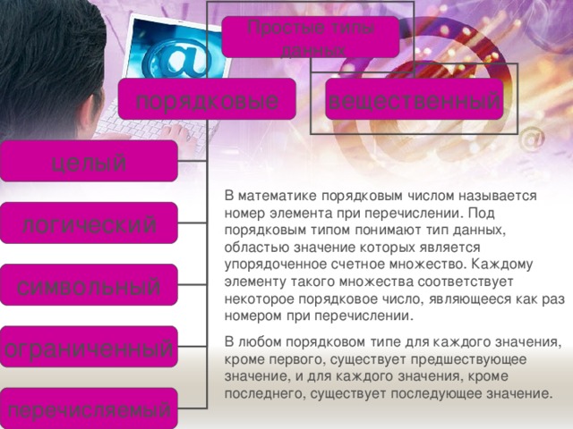 Простые типы  данных порядковые вещественный целый В математике порядковым числом называется номер элемента при перечислении. Под порядковым типом понимают тип данных, областью значение которых является упорядоченное счетное множество. Каждому элементу такого множества соответствует некоторое порядковое число, являющееся как раз номером при перечислении. В любом порядковом типе для каждого значения, кроме первого, существует предшествующее значение, и для каждого значения, кроме последнего, существует последующее значение. логический символьный ограниченный перечисляемый 