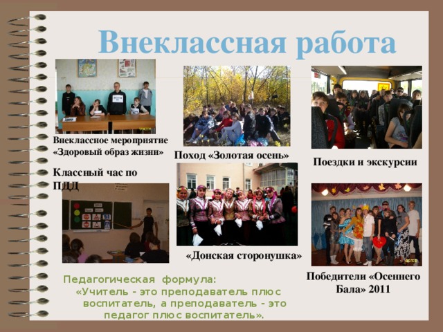 Внеклассная работа Внеклассное мероприятие «Здоровый образ жизни» Поход «Золотая осень» Поездки и экскурсии Классный час по ПДД «Донская сторонушка» Победители «Осеннего Бала» 2011  Педагогическая формула:  «Учитель - это преподаватель плюс воспитатель, а преподаватель - это педагог плюс воспитатель». 
