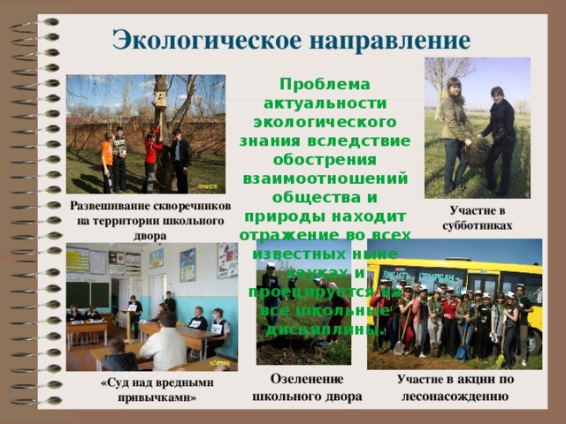 Экологическое направление Проблема актуальности экологического знания вследствие обострения взаимоотношений общества и природы находит отражение во всех известных ныне науках и проецируется на все школьные дисциплины. Развешивание скворечников на территории школьного двора Участие в субботниках Участие в акции по лесонасождению Озеленение школьного двора «Суд над вредными привычками»  