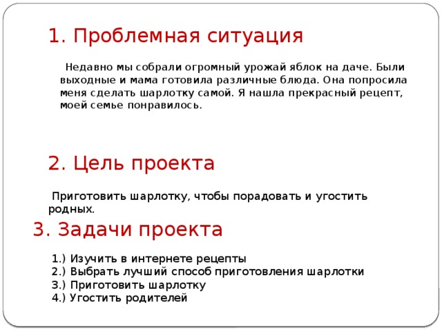 1. Проблемная ситуация  Недавно мы собрали огромный урожай яблок на даче. Были выходные и мама готовила различные блюда. Она попросила меня сделать шарлотку самой. Я нашла прекрасный рецепт, моей семье понравилось. 2. Цель проекта  Приготовить шарлотку, чтобы порадовать и угостить родных. 3. Задачи проекта 1.) Изучить в интернете рецепты 2.) Выбрать лучший способ приготовления шарлотки 3.) Приготовить шарлотку 4.) Угостить родителей 