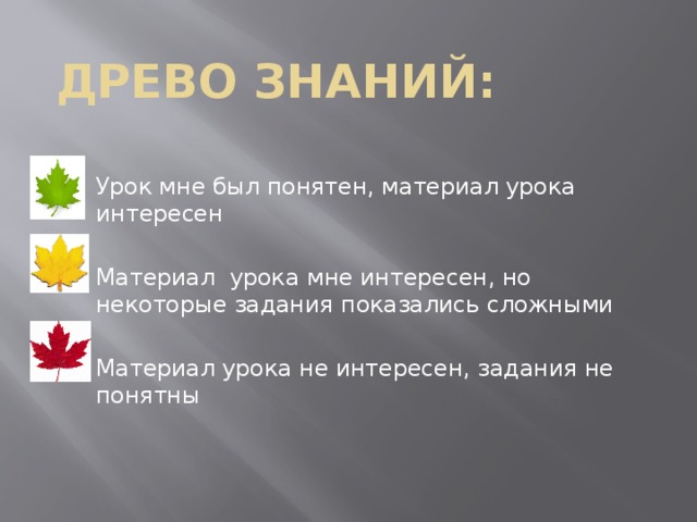 Древо знаний:     Урок мне был понятен, материал урока интересен Материал урока мне интересен, но некоторые задания показались сложными Материал урока не интересен, задания не понятны