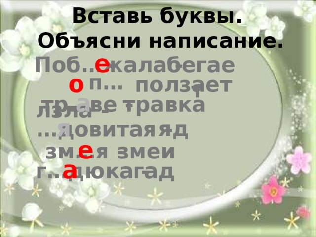Вставь буквы.  Объясни написание.   е Поб…жала -  бегает   п…лзла -  о  ползает тр…ве -  а  травка … довитая -  я  яд е  зм…я -   змеи г…дюка -  а гад       