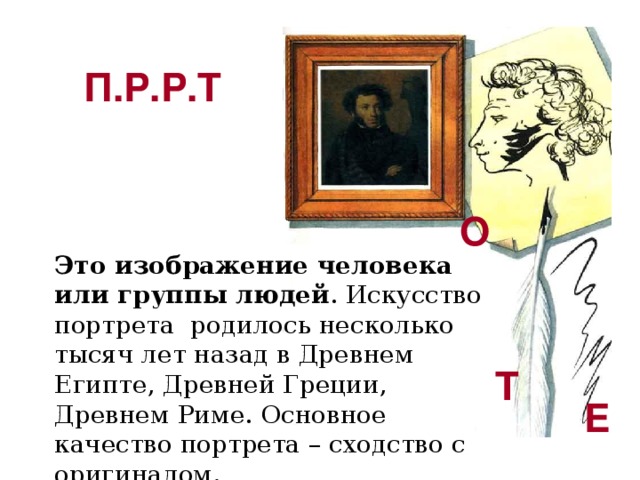 П.Р.Р.Т О Это изображение человека или группы людей . Искусство портрета родилось несколько тысяч лет назад в Древнем Египте, Древней Греции, Древнем Риме. Основное качество портрета – сходство с оригиналом. Т Е 