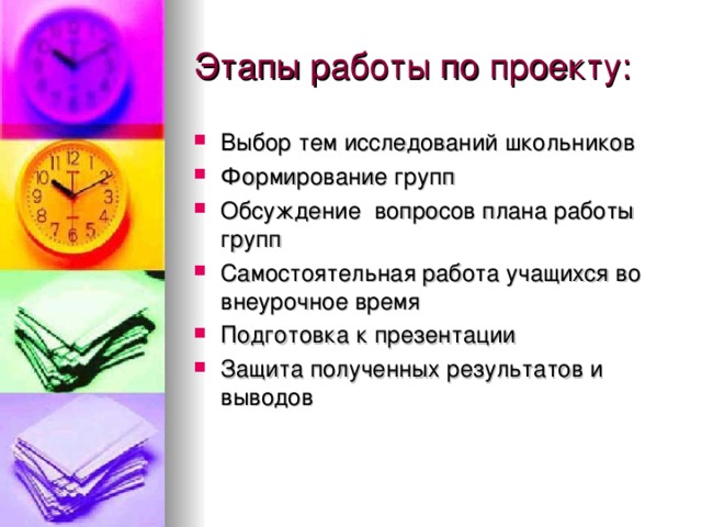 Выбор тем исследований школьников Формирование групп Обсуждение вопросов плана работы групп Самостоятельная работа учащихся во внеурочное время Подготовка к презентации Защита полученных результатов и выводов