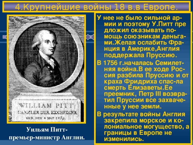 4.Крупнейшие войны 18 в.в Европе. У нее не было сильной ар-мии и поэтому У.Питт пре дложил оказывать по-мощь союзникам деньга-ми.Желая ослабить Фра-нция в Америке,Англия поддержала Пруссию. В 1756 г.началась Семилет-няя война.В ее ходе Рос-сия разбила Пруссию и от краха Фридриха спас-ла смерть Елизаветы.Ее преемник, Петр III возвра-тил Пруссии все захваче-нные у нее земли. В результате войны Англия закрепила морское и ко- лониальное могущество, а границы в Европе не изменились. Уильям Питт- премьер-министр Англии.