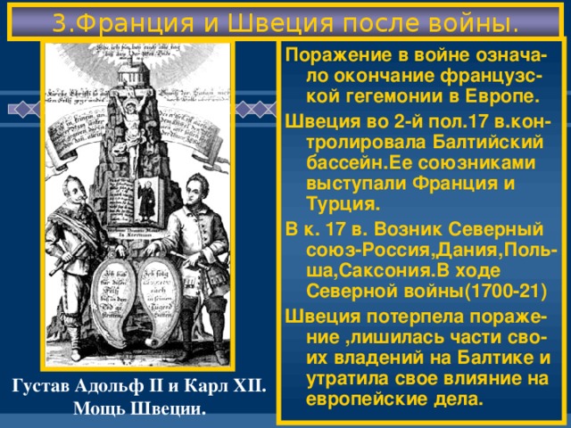 3.Франция и Швеция после войны. Поражение в войне означа-ло окончание французс-кой гегемонии в Европе. Швеция во 2-й пол.17 в.кон-тролировала Балтийский бассейн.Ее союзниками выступали Франция и Турция. В к. 17 в. Возник Северный союз-Россия,Дания,Поль-ша,Саксония.В ходе Северной войны(1700-21) Швеция потерпела пораже-ние ,лишилась части сво-их владений на Балтике и утратила свое влияние на европейские дела. Густав Адольф II и Карл XII . Мощь Швеции.