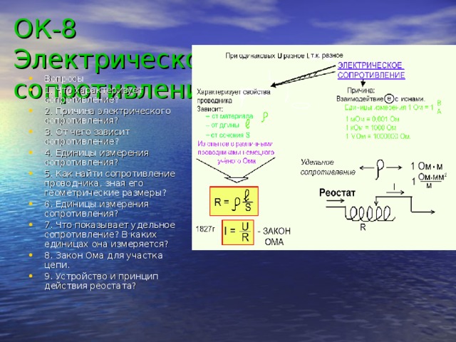 ОК-8 Электрическое  сопротивление Вопросы 1. Что характеризует сопротивление? 2. Причина электрического сопротивления? 3. От чего зависит сопротивление? 4. Единицы измерения сопротивления? 5. Как найти сопротивление проводника, зная его геометрические размеры? 6. Единицы измерения сопротивления? 7. Что показывает удельное сопротивление? В каких единицах она измеряется? 8. Закон Ома для участка цепи. 9. Устройство и принцип действия реостата? 