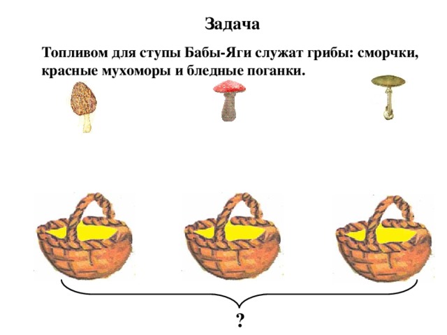 Задача Топливом для ступы Бабы-Яги служат грибы: сморчки, красные мухоморы и бледные поганки. ? 