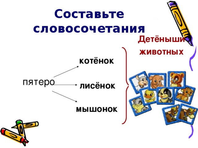 Составьте словосочетания Детёныши животных котёнок пятеро лисёнок лисёнок мышонок