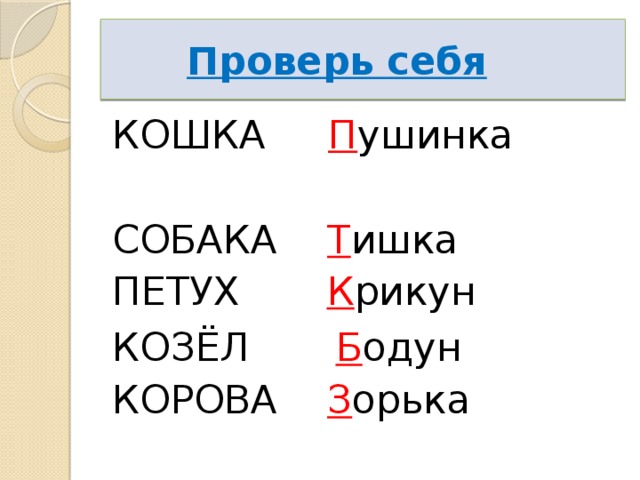 Проверь себя КОШКА П ушинка  СОБАКА Т ишка ПЕТУХ К рикун КОЗЁЛ Б одун  КОРОВА З орька 