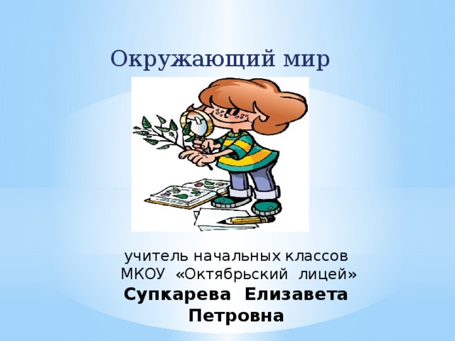 Окружающий мир учитель начальных классов  МКОУ «Октябрьский лицей»  Супкарева Елизавета Петровна