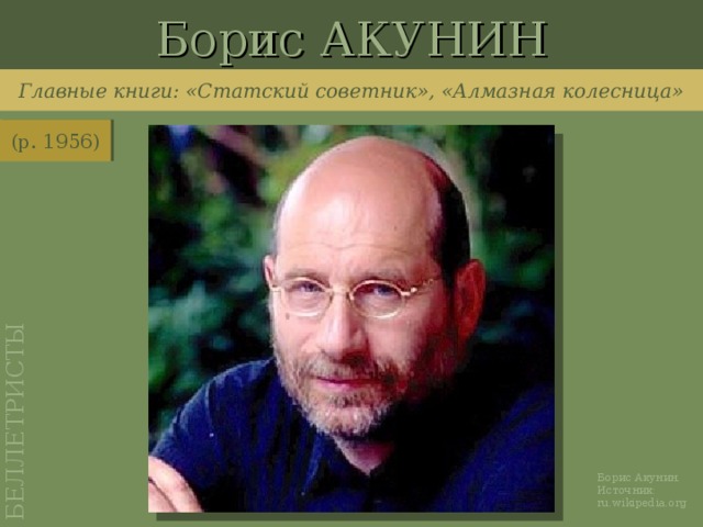Борис АКУНИН БЕЛЛЕТРИСТЫ Главные книги: «Статский советник», «Алмазная колесница» (р. 1956) http://ru.wikipedia.org/wiki/%D0%A4%D0%B0%D0%B9%D0%BB:Boris_Akunin2.jpg Борис Акунин. Источник: ru.wikipedia.org
