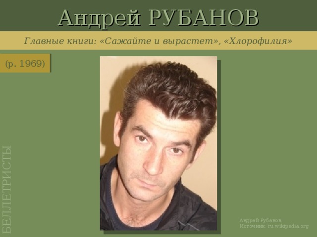 Андрей РУБАНОВ БЕЛЛЕТРИСТЫ Главные книги: «Сажайте и вырастет», «Хлорофилия» (р. 1969) http://ru.wikipedia.org/wiki/%D0%A4%D0%B0%D0%B9%D0%BB:Andreyrubanov.jpg Андрей Рубанов. Источник: ru.wikipedia.org
