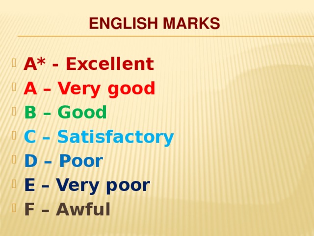 ENGLISH  MARKS A* - Excellent A – Very good B – Good C – Satisfactory D – Poor E – Very poor F – Awful   