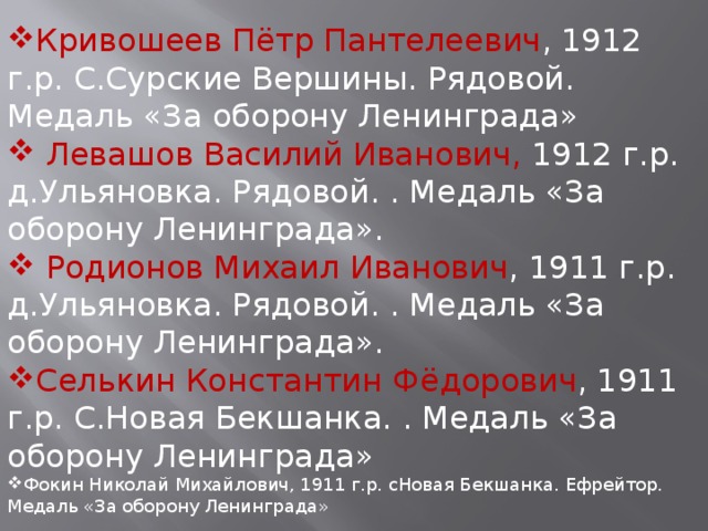 Кривошеев  Пётр  Пантелеевич , 1912 г.р. С.Сурские Вершины. Рядовой. Медаль «За оборону Ленинграда»  Левашов Василий Иванович, 1912 г.р. д.Ульяновка. Рядовой. . Медаль «За оборону Ленинграда».  Родионов Михаил Иванович , 1911 г.р. д.Ульяновка. Рядовой. . Медаль «За оборону Ленинграда». Селькин Константин Фёдорович , 1911 г.р. С.Новая Бекшанка. . Медаль «За оборону Ленинграда» Фокин Николай Михайлович, 1911 г.р. сНовая Бекшанка. Ефрейтор. Медаль «За оборону Ленинграда» 