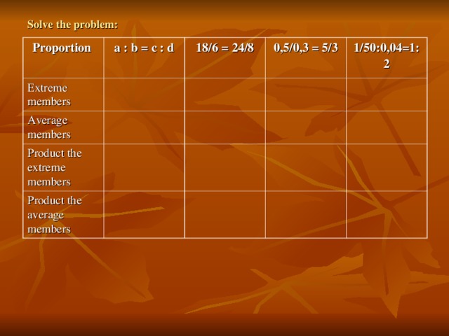 Solve the problem: Proportion  а : b = c : d Extreme members 18/6 = 24/8 Average members 0,5/0,3 = 5/3 Product the extreme members 1/50:0,04=1:2 Product the average members