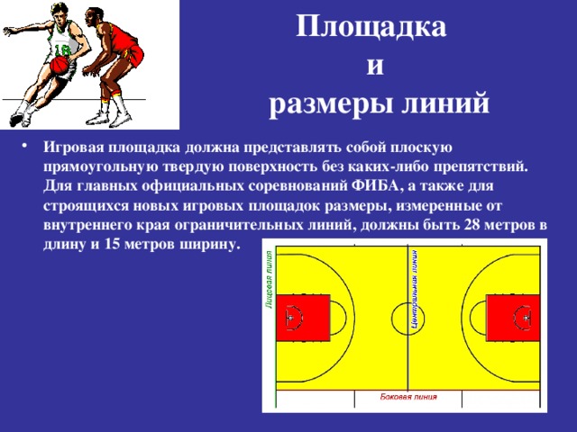Площадка  и  размеры линий Игровая площадка должна представлять собой плоскую прямоугольную твердую поверхность без каких-либо препятствий. Для главных официальных соревнований ФИБА, а также для строящихся новых игровых площадок размеры, измеренные от внутреннего края ограничительных линий, должны быть 28 метров в длину и 15 метров ширину. 