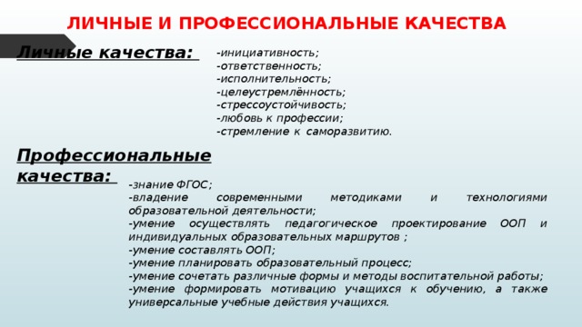 ЛИЧНЫЕ И ПРОФЕССИОНАЛЬНЫЕ КАЧЕСТВА Личные качества: - инициативность; -ответственность; -исполнительность; -целеустремлённость; -стрессоустойчивость; -любовь к профессии; -стремление к саморазвитию. Профессиональные качества: - знание ФГОС; -владение современными методиками и технологиями образовательной деятельности; -умение осуществлять педагогическое проектирование ООП и индивидуальных образовательных маршрутов ; -умение составлять ООП; -умение планировать образовательный процесс; -умение сочетать различные формы и методы воспитательной работы; -умение формировать мотивацию учащихся к обучению, а также универсальные учебные действия учащихся. 