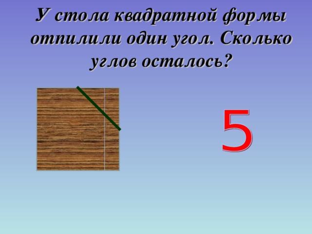  У стола квадратной формы отпилили один угол. Сколько углов осталось?  