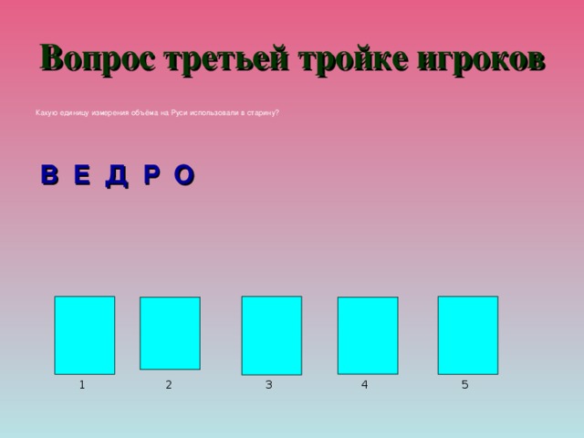Вопрос третьей тройке игроков  Какую единицу измерения объёма на Руси использовали в старину?   В Е Д Р О 1 2 3 4 5 