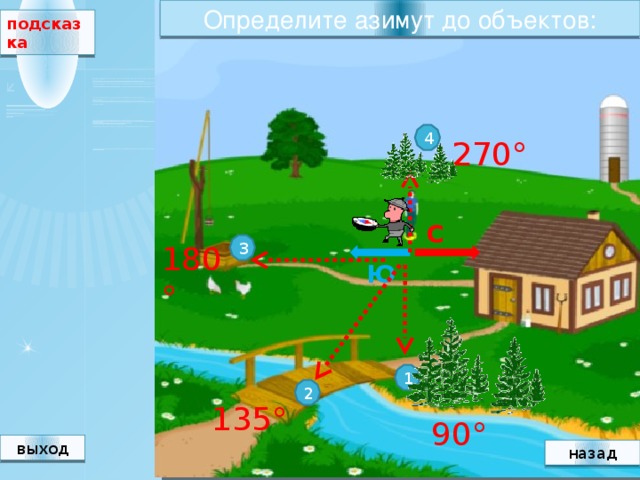 Определите азимут до объектов: подсказка 4 270° С 3 180° Ю 1 2 135° 90° выход назад