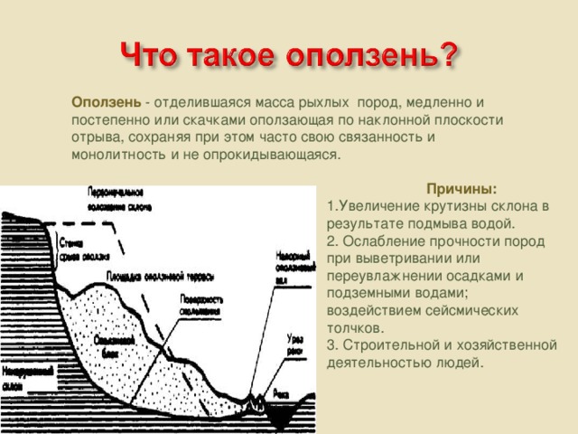 Оползень  - отделившаяся масса рыхлых пород, медленно и постепенно или скачками оползающая по наклонной плоскости отрыва, сохраняя при этом часто свою связанность и монолитность и не опрокидывающаяся.  Причины:  1.Увеличение крутизны склона в результате подмыва водой. 2. Ослабление прочности пород при выветривании или переувлажнении осадками и подземными водами; воздействием сейсмических толчков. 3. Строительной и хозяйственной деятельностью людей.