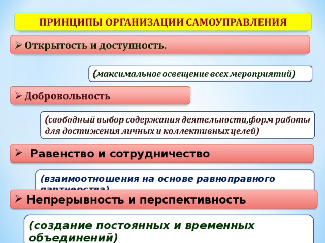   Равенство и сотрудничество (взаимоотношения на основе равноправного партнерства)  Непрерывность и перспективность ( создание постоянных и временных объединений) 