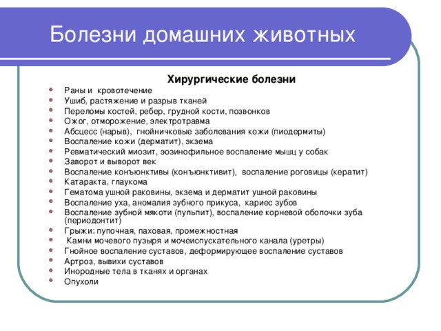 Болезни домашних животных Хирургические болезни  Раны и кровотечение Ушиб, растяжение и разрыв тканей Переломы костей, ребер, грудной кости, позвонков Ожог, отморожение, электротравма Абсцесс (нарыв), гнойничковые заболевания кожи (пиодермиты) Воспаление кожи (дерматит), экзема Ревматический миозит, эозинофильное воспаление мышц у собак Заворот и выворот век Воспаление конъюнктивы (конъюнктивит), воспаление роговицы (кератит) Катаракта, глаукома Гематома ушной раковины, экзема и дерматит ушной раковины Воспаление уха, аномалия зубного прикуса, кариес зубов Воспаление зубной мякоти (пульпит), воспаление корневой оболочки зуба (периодонтит) Грыжи: пупочная, паховая, промежностная  Камни мочевого пузыря и мочеиспускательного канала (уретры) Гнойное воспаление суставов, деформирующее воспаление суставов Артроз, вывихи суставов Инородные тела в тканях и органах Опухоли  