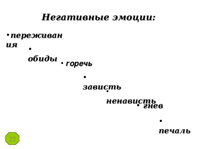 Негативные эмоции: переживания  обиды  горечь  зависть  ненависть  гнев  печаль 22 