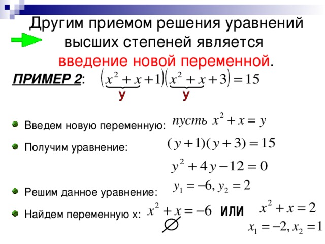 Другим приемом решения уравнений высших степеней является  введение новой переменной . ПРИМЕР 2 : Введем новую переменную: Получим уравнение: Решим данное уравнение: Найдем переменную x : 