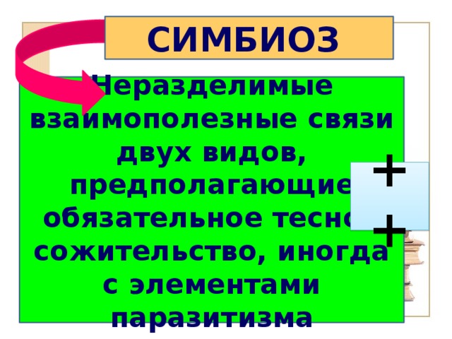 СИМБИОЗ  Неразделимые взаимополезные связи двух видов, предполагающие обязательное тесное сожительство, иногда с элементами паразитизма ++ 