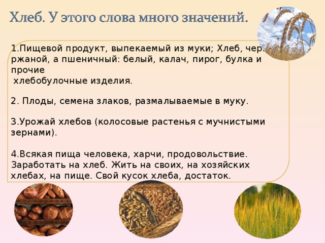 1.Пищевой продукт, выпекаемый из муки; Хлеб, черный, ржаной, а пшеничный: белый, калач, пирог, булка и прочие  хлебобулочные изделия. 2. Плоды, семена злаков, размалываемые в муку. 3.Урожай хлебов (колосовые растенья с мучнистыми зернами). 4.Всякая пища человека, харчи, продовольствие. Заработать на хлеб. Жить на своих, на хозяйских хлебах, на пище. Свой кусок хлеба, достаток. 