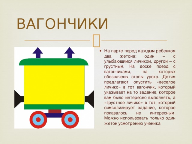 ВАГОНЧИКИ На парте перед каждым ребенком два жетона: один – с улыбающимся личиком, другой – с грустным. На доске поезд с вагончиками, на которых обозначены этапы урока. Детям предлагают опустить «веселое личико» в тот вагончик, который указывает на то задание, которое вам было интересно выполнять, а «грустное личико» в тот, который символизирует задание, которое показалось не интересным. Можно использовать только один жетон усмотрению ученика 