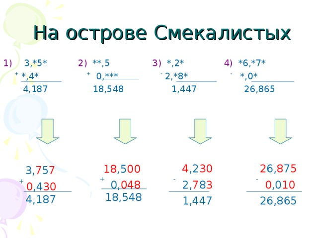 На острове Смекалистых 3,*5* 2) **,5 3) *,2* 4) *6,*7*  + *,4* + 0,*** - 2,*8* - *,0*  4,187 18,548 1,447 26,865  3, 7 5 7 + 0 ,4 30  4,187  18 ,5 00   4 ,2 30 - 2, 7 8 3  1,447   2 6, 8 7 5  -  0 ,0 10  26,865  + 0, 048  18,548
