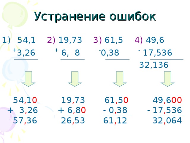 Устранение ошибок  54,1 2) 19,73 3) 61,5 4) 49,6  + 3,26 + 6, 8 - 0,38 - 17,536  32,136  54 , 1 0 + 3 , 26  57 , 36  19 , 73 + 6 , 8 0  26 , 53  61 , 5 0  49 , 6 00   0 , 38  17 , 536  61 , 12  32 , 064