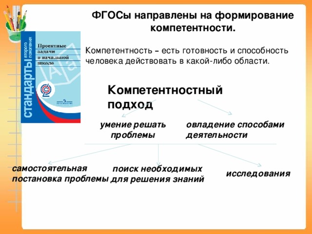 ФГОСы направлены на формирование компетентности. Компетентность – есть готовность и способность человека действовать в какой-либо области. Компетентностный подход умение решать проблемы овладение способами деятельности самостоятельная постановка проблемы поиск необходимых для решения знаний исследования