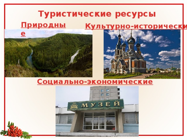 Туристические ресурсы Природные Культурно-исторические Социально-экономические 