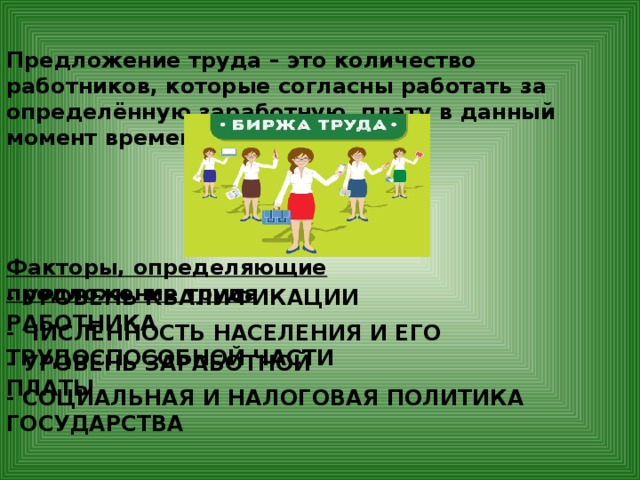 Предложение труда – это количество работников, которые согласны работать за определённую заработную плату в данный момент времени Факторы, определяющие предложение труда - УРОВЕНЬ КВАЛИФИКАЦИИ РАБОТНИКА - ЧИСЛЕННОСТЬ НАСЕЛЕНИЯ И ЕГО ТРУДОСПОСОБНОЙ ЧАСТИ - УРОВЕНЬ ЗАРАБОТНОЙ ПЛАТЫ - СОЦИАЛЬНАЯ И НАЛОГОВАЯ ПОЛИТИКА ГОСУДАРСТВА 