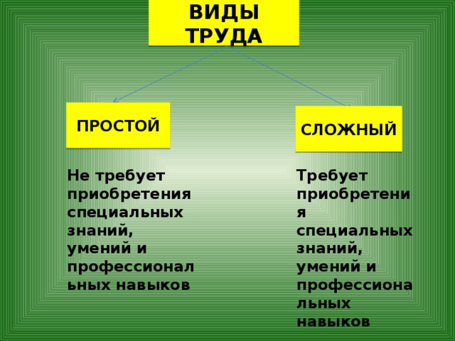 ВИДЫ ТРУДА ПРОСТОЙ СЛОЖНЫЙ Не требует приобретения специальных знаний, умений и профессиональных навыков Требует приобретения специальных знаний, умений и профессиональных навыков 