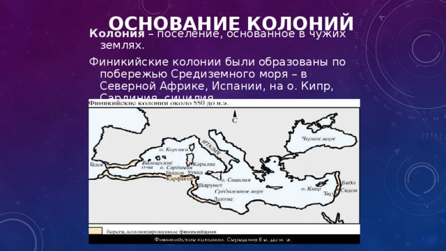 основание колоний Колония – поселение, основанное в чужих землях. Финикийские колонии были образованы по побережью Средиземного моря – в Северной Африке, Испании, на о. Кипр, Сардиния, сицилия. 