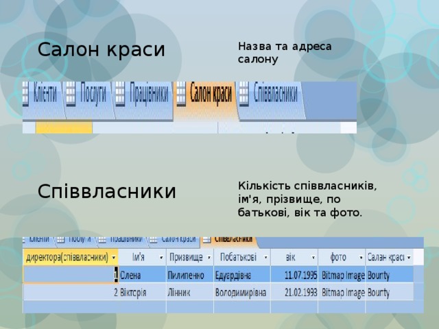 Салон краси Назва та адреса салону Співвласники Кількість співвласників, ім'я, прізвище, по батькові, вік та фото. 