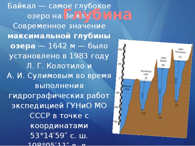 Глубина Байкал — самое глубокое озеро на Земле. Современное значение максимальной глубины озера  — 1642 м — было установлено в 1983 году Л. Г. Колотило и А. И. Сулимовым во время выполнения гидрографических работ экспедицией ГУНиО МО СССР в точке с координатами 53°14′59″ с. ш. 108°05′11″ в. д.  