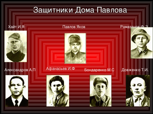 Защитники Дома Павлова  Павлов Яков  Хайт И.Я  Рамазанов Ф.З  Афанасьев И.Ф  Бондаренко М.С  Александров А.П Довженко Т.И.  