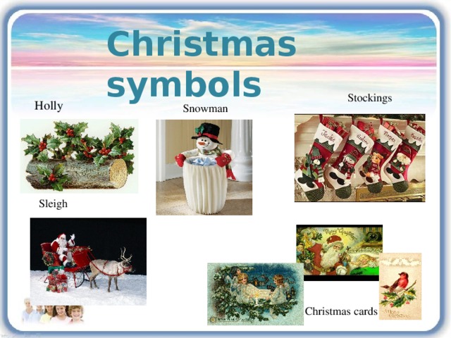 Christmas symbols Stockings Holly Snowman Sleigh Christmas cards 