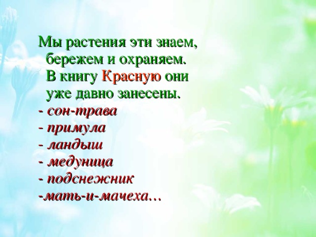 Мы растения эти знаем,  бережем и охраняем.  В книгу Красную они  уже давно занесены.  - сон-трава  - примула  - ландыш  - медуница  - подснежник  -мать-и-мачеха… 