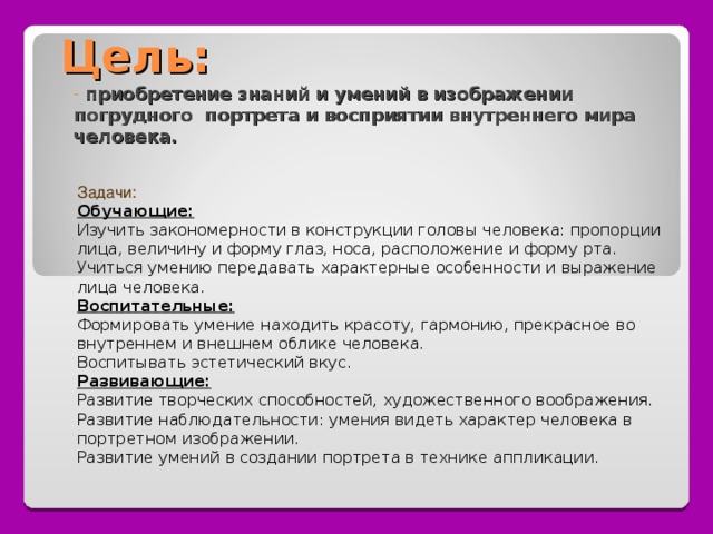 Цель:    приобретение знаний и умений в изображении погрудного портрета и восприятии внутреннего мира человека.   Задачи: Обучающие: Изучить закономерности в конструкции головы человека: пропорции лица, величину и форму глаз, носа, расположение и форму рта. Учиться умению передавать характерные особенности и выражение лица человека. Воспитательные: Формировать умение находить красоту, гармонию, прекрасное во внутреннем и внешнем облике человека. Воспитывать эстетический вкус. Развивающие: Развитие творческих способностей, художественного воображения. Развитие наблюдательности: умения видеть характер человека в портретном изображении. Развитие умений в создании портрета в технике аппликации. 